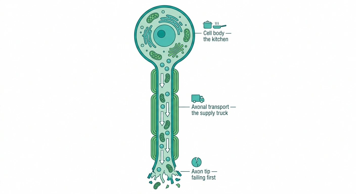 Infographic showing how axonal transport supplies the long nerve axon — the distal tip receives supplies last and fails first.