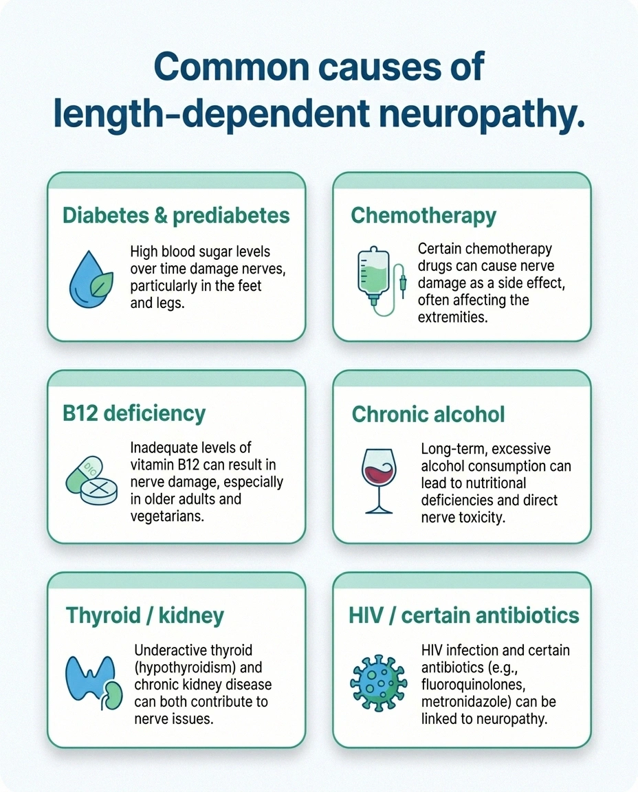 Infographic of six common causes of length-dependent neuropathy: diabetes, chemotherapy, alcohol, B12 deficiency, thyroid or kidney disease, and HIV or certain antibiotics.