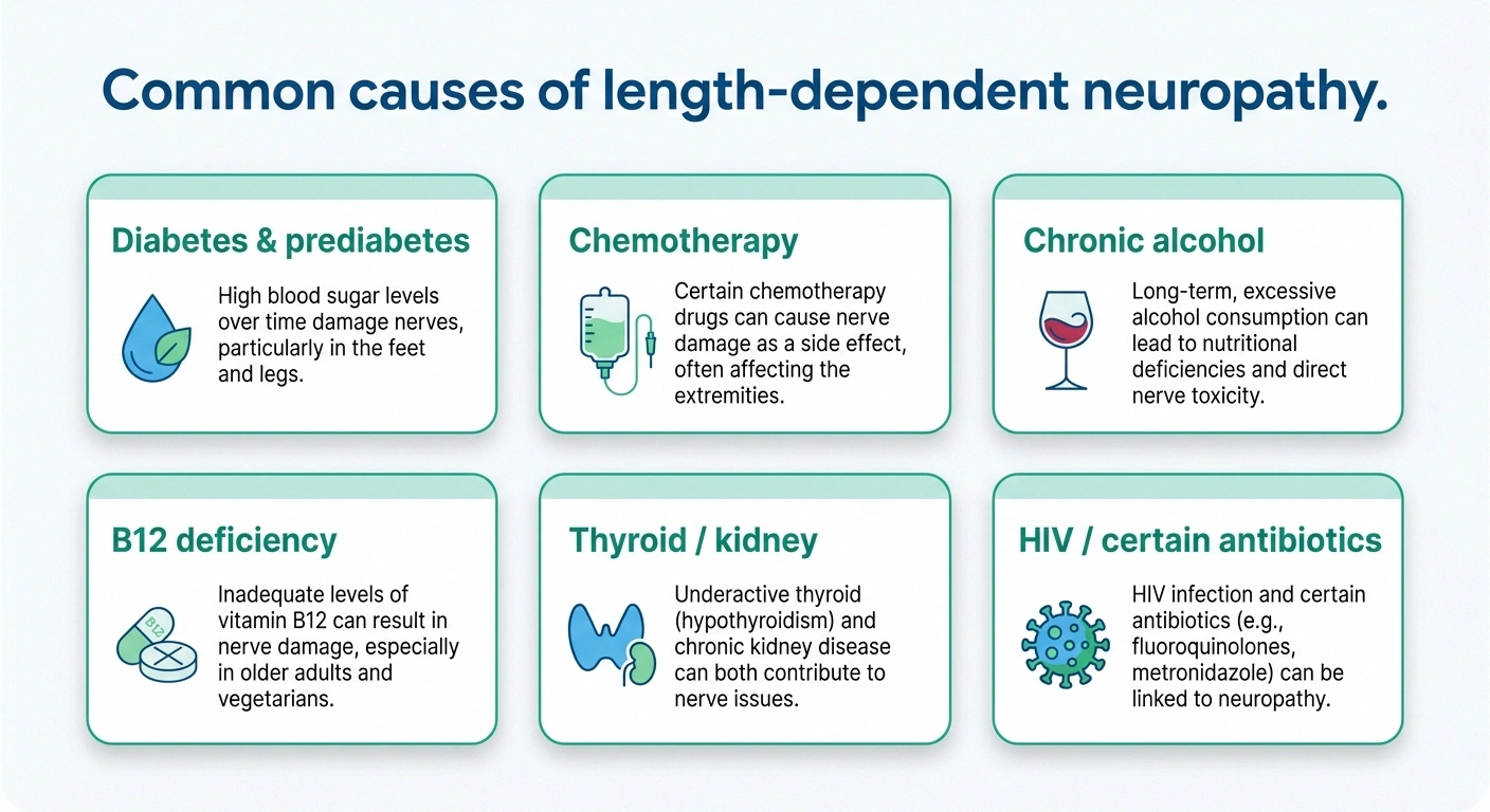 Infographic of six common causes of length-dependent neuropathy: diabetes, chemotherapy, alcohol, B12 deficiency, thyroid or kidney disease, and HIV or certain antibiotics.