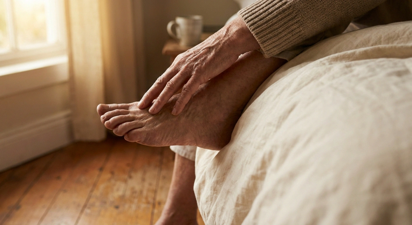 Older woman performing a daily visual foot inspection — the most important daily habit for length-dependent neuropathy.