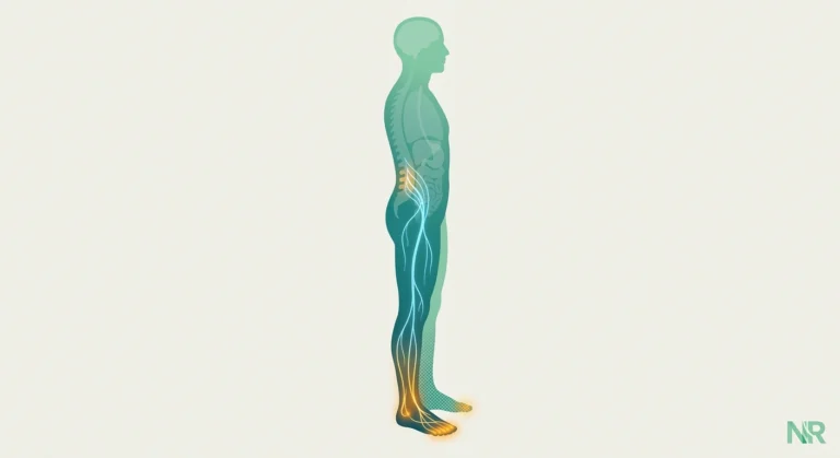Medical illustration of the longest peripheral nerves descending from the lumbar spine to the toes — the anatomy behind length-dependent neuropathy.