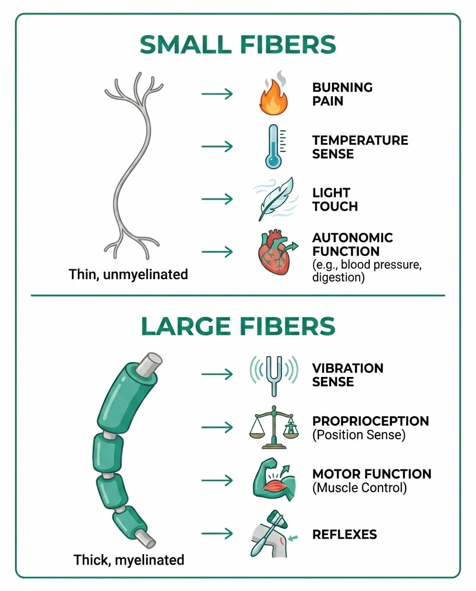 Infographic comparing small-fiber and large-fiber nerve damage — burning and temperature versus vibration and balance.