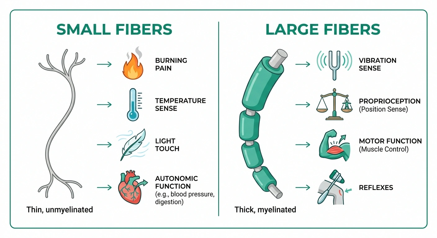 Infographic comparing small-fiber and large-fiber nerve damage — burning and temperature versus vibration and balance.