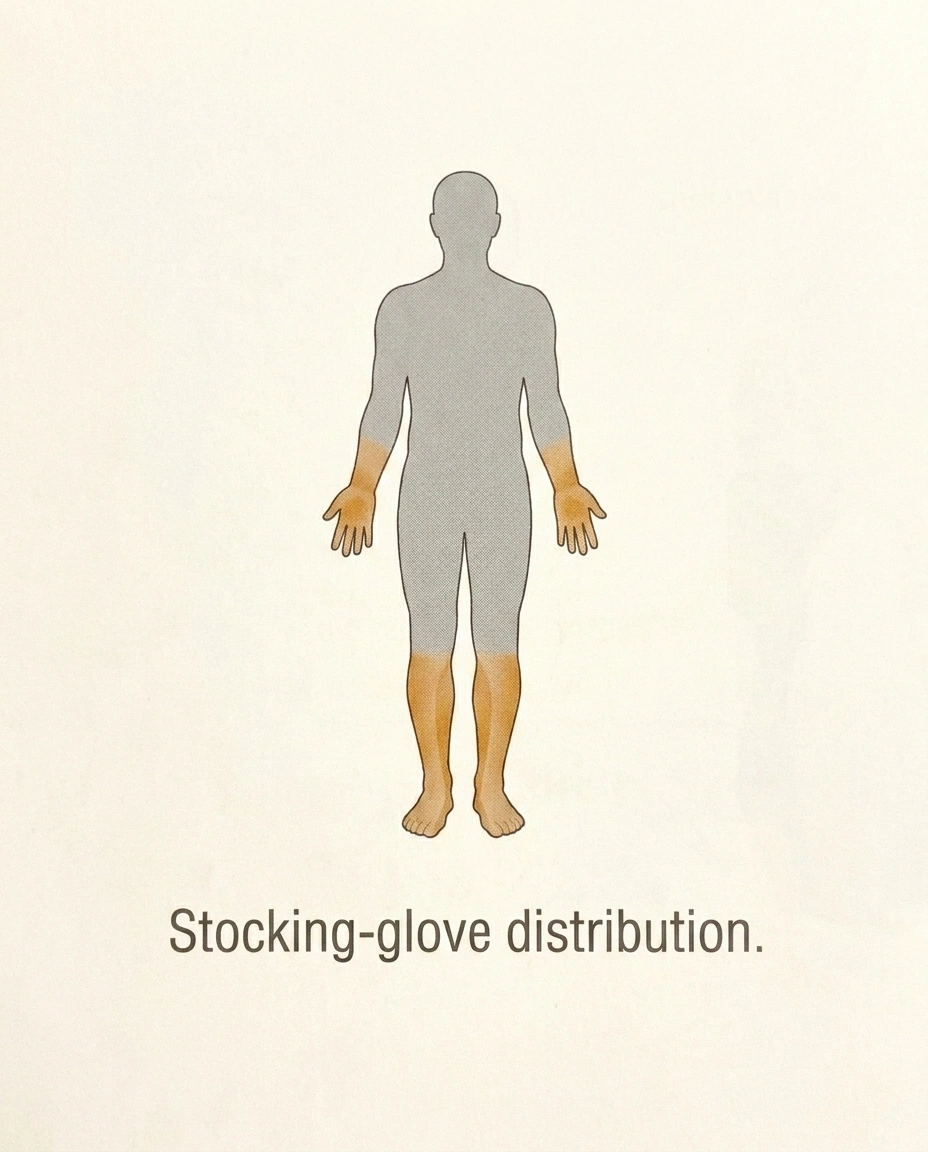 Human figure diagram highlighting the classic stocking-glove distribution — feet and lower legs, hands and lower forearms.