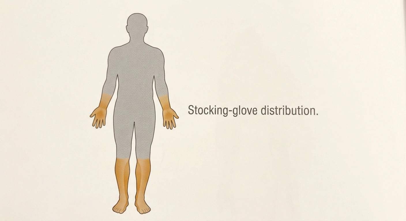 Human figure diagram highlighting the classic stocking-glove distribution — feet and lower legs, hands and lower forearms.