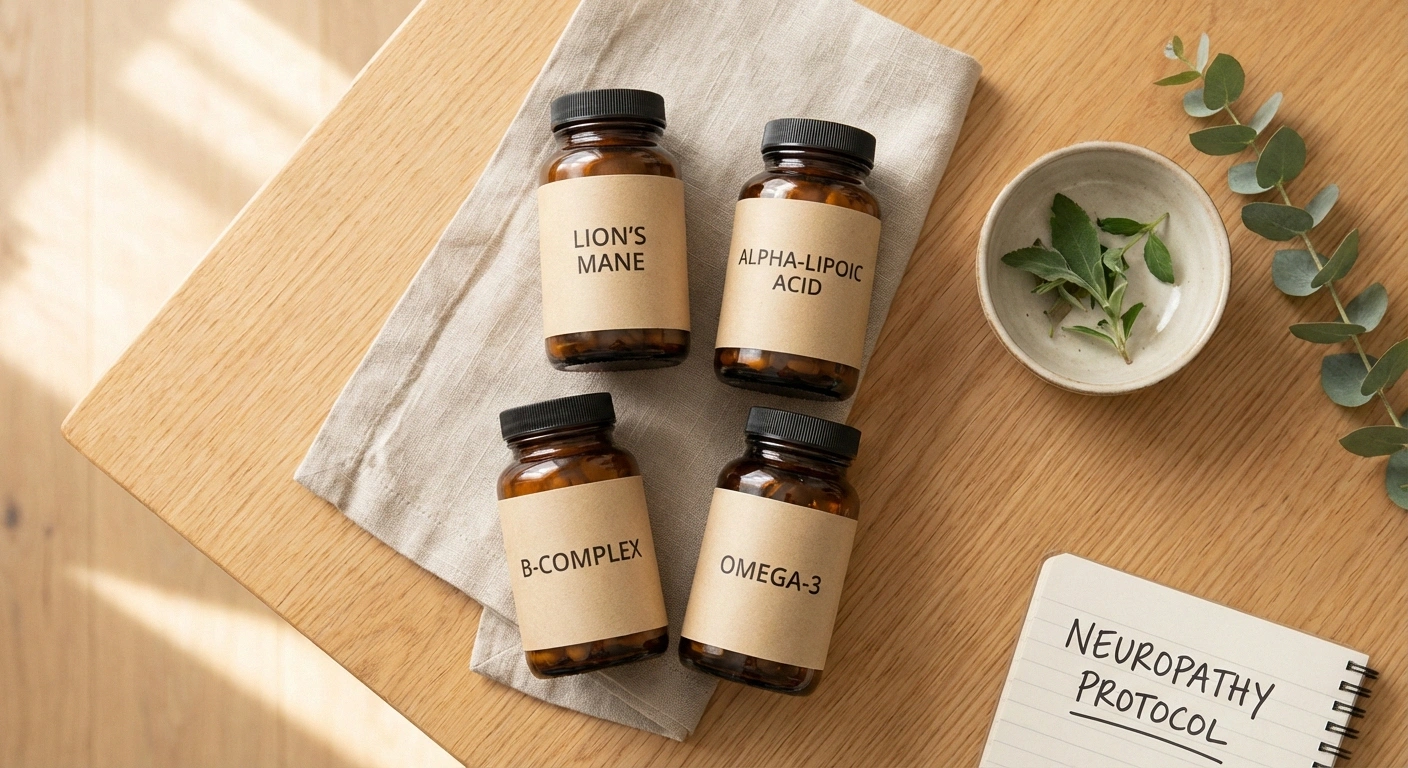 Collection of neuropathy supplements including lion's mane mushroom, alpha-lipoic acid and B vitamins for nerve support