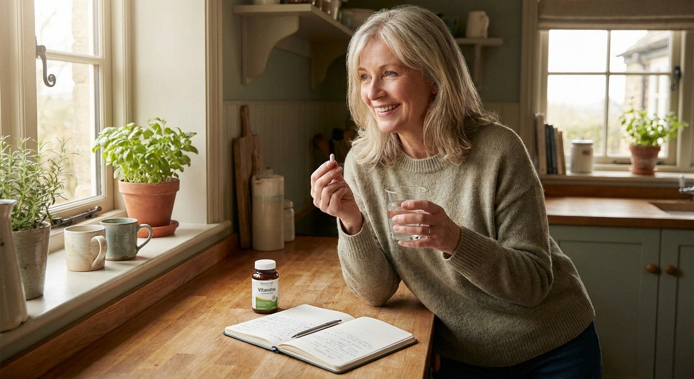 Woman in her 50s taking lion's mane mushroom supplement capsule at home as part of her neuropathy routine