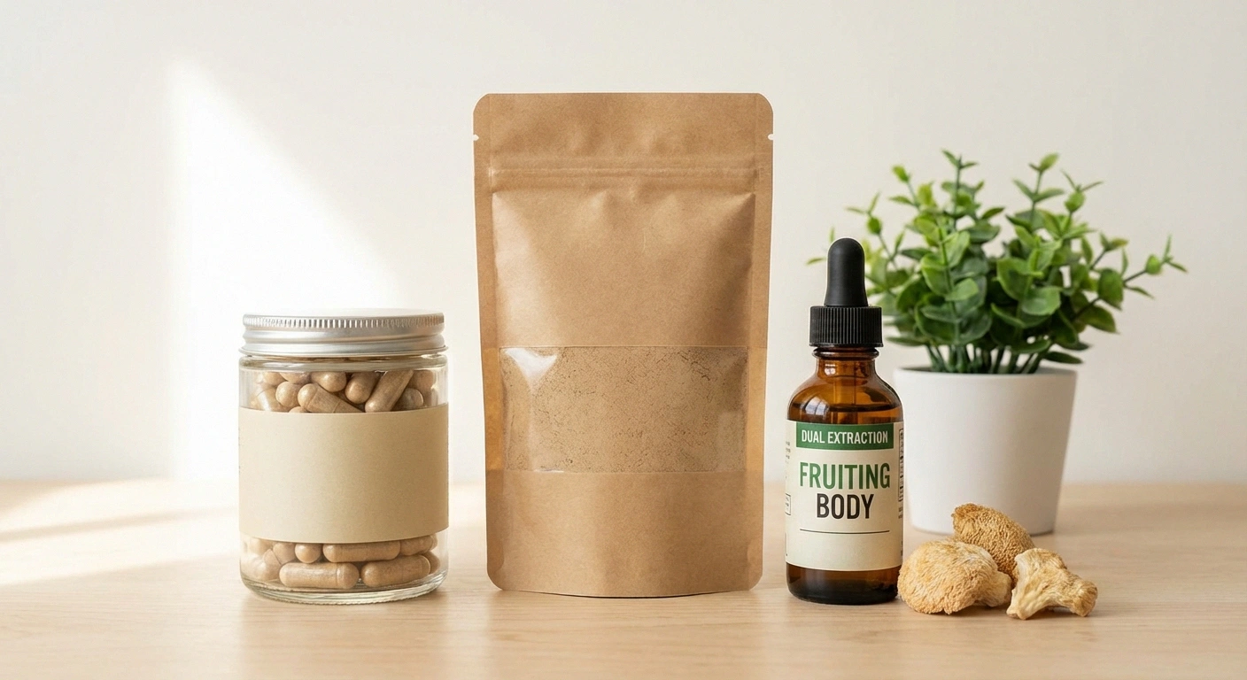Lion's mane mushroom supplement capsules and powder showing quality extract products for neuropathy support