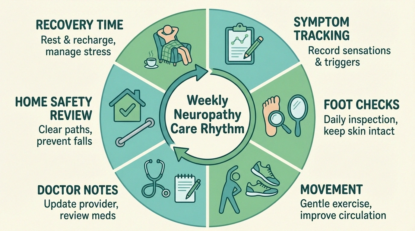 Weekly care-plan infographic for living well with neuropathy