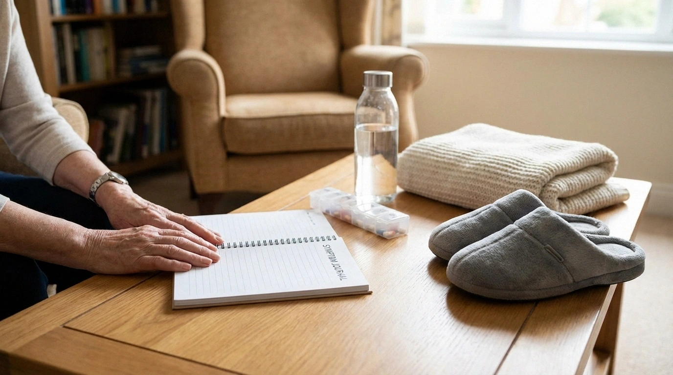 Home neuropathy management essentials including a symptom journal and supportive footwear