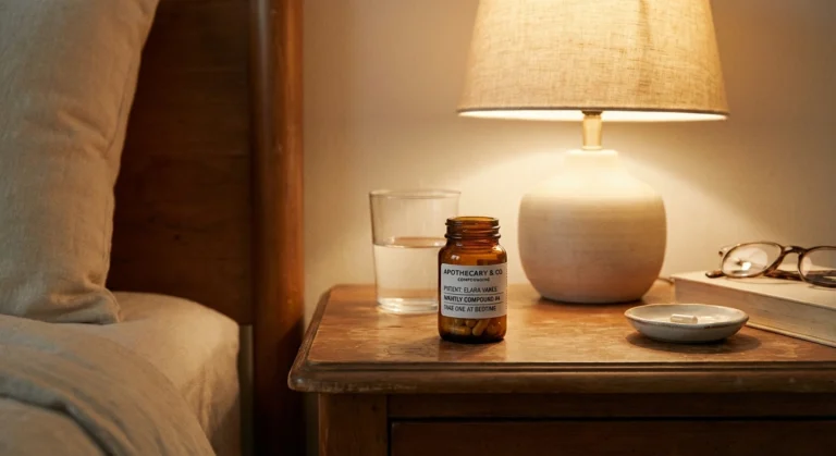 Low-dose naltrexone LDN capsules on nightstand for neuropathy treatment