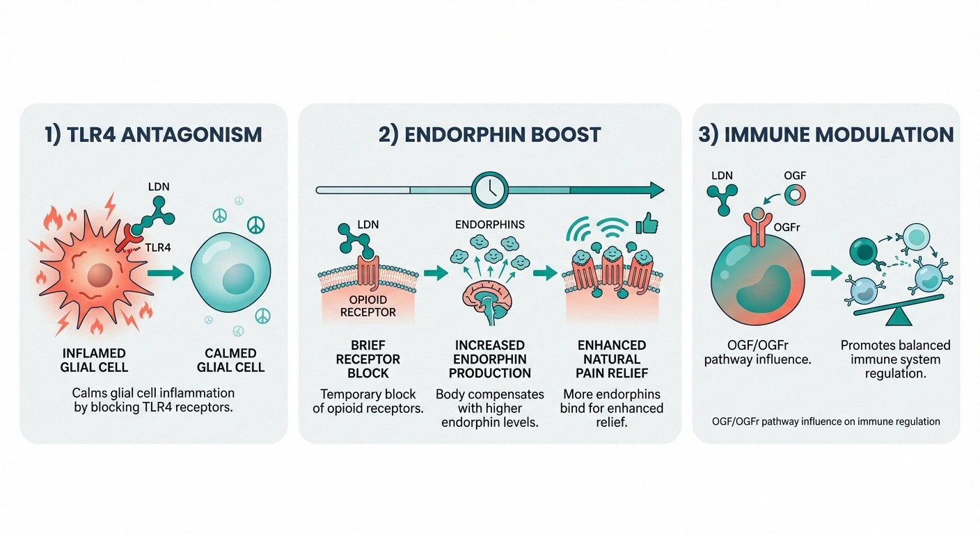 Infographic showing three mechanisms of low-dose naltrexone for neuropathic pain relief