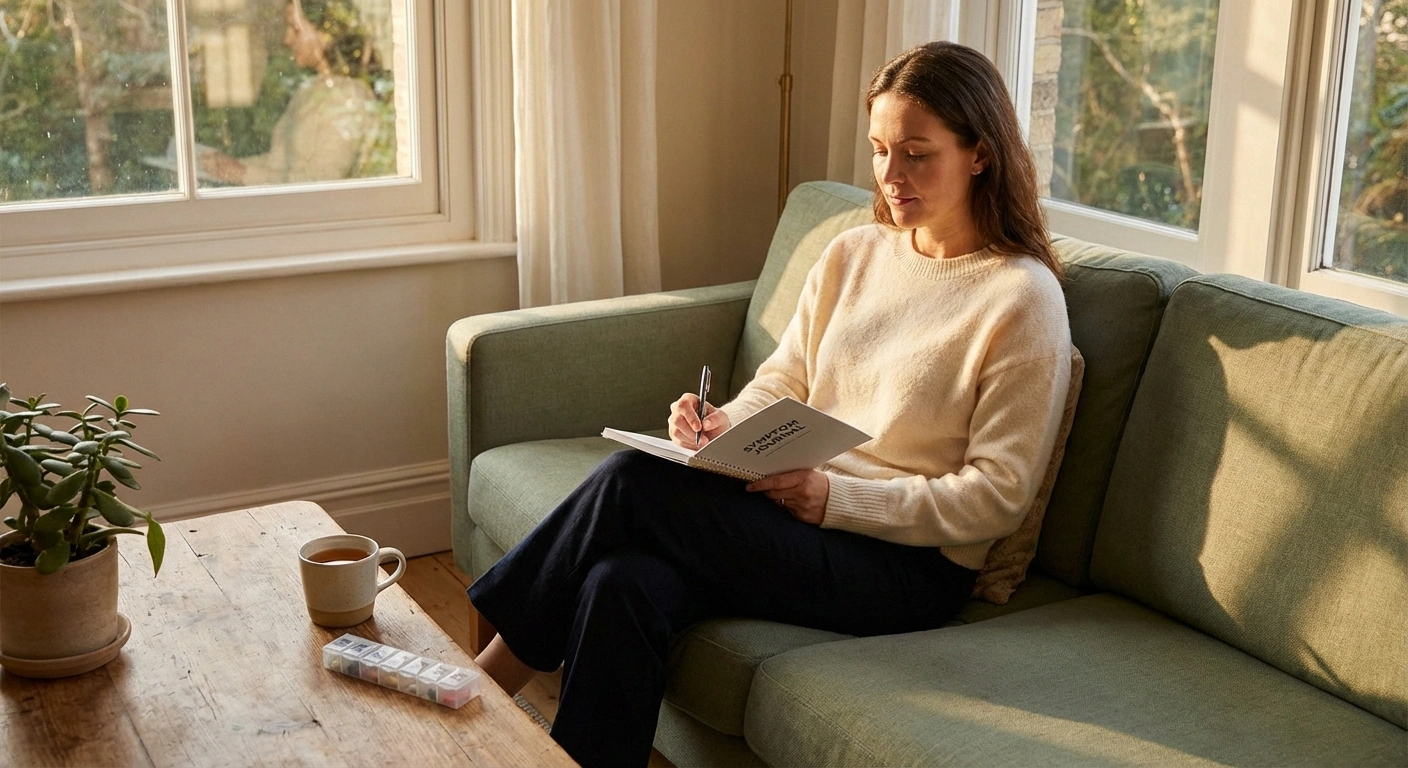 Woman writing in symptom journal while managing lupus neuropathy at home with tea and medication organizer nearby