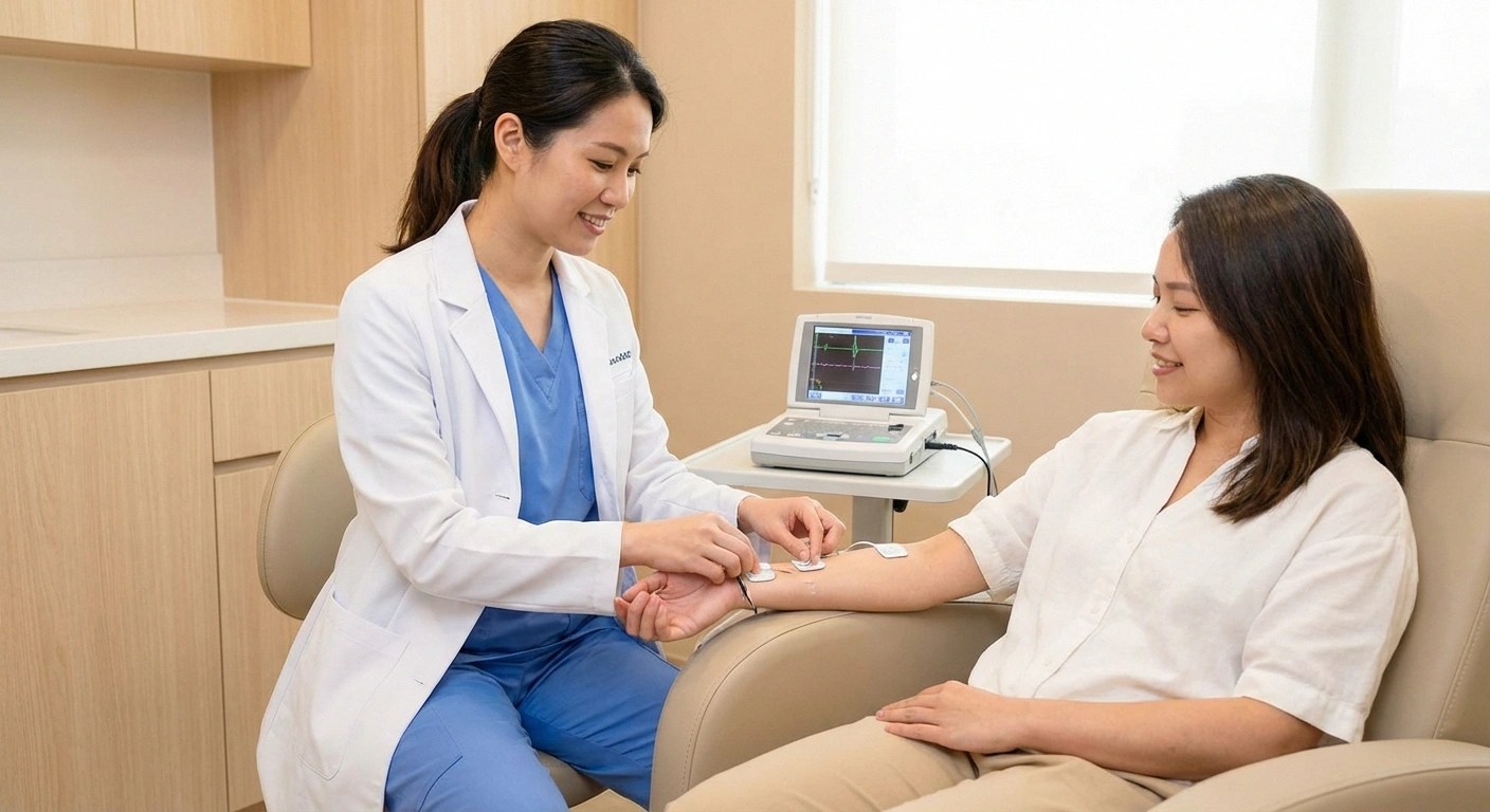 Neurologist performing nerve conduction study on patient forearm to diagnose lupus neuropathy