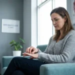 Woman examining her hands in rheumatology office waiting room concerned about lupus neuropathy symptoms