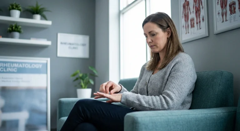 Woman examining her hands in rheumatology office waiting room concerned about lupus neuropathy symptoms