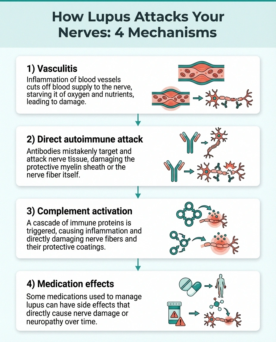 Infographic showing four mechanisms by which lupus damages peripheral nerves including vasculitis and autoimmune attack