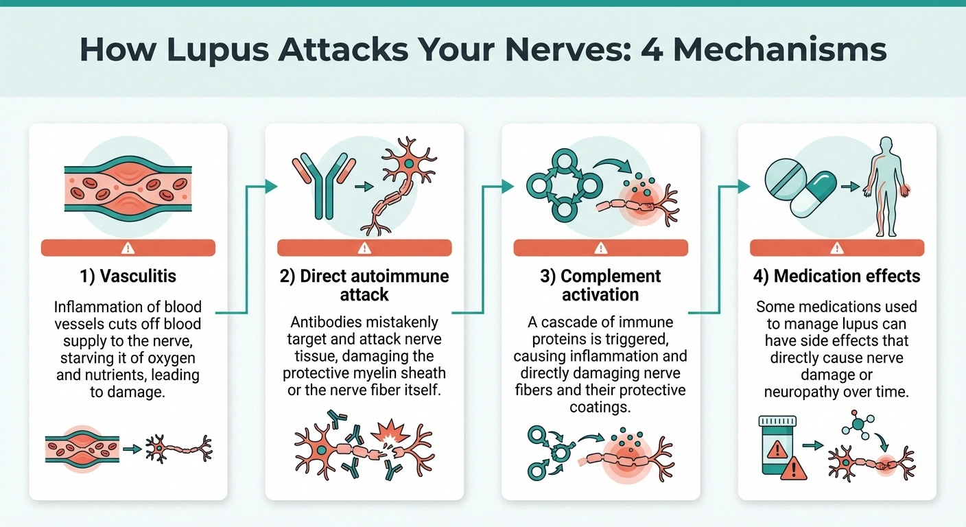 Infographic showing four mechanisms by which lupus damages peripheral nerves including vasculitis and autoimmune attack