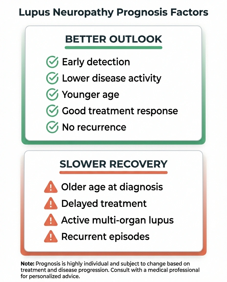 Infographic comparing factors associated with better versus slower recovery from lupus neuropathy