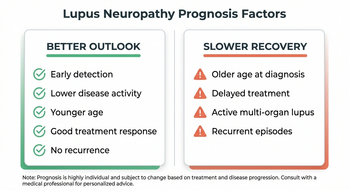 Infographic comparing factors associated with better versus slower recovery from lupus neuropathy