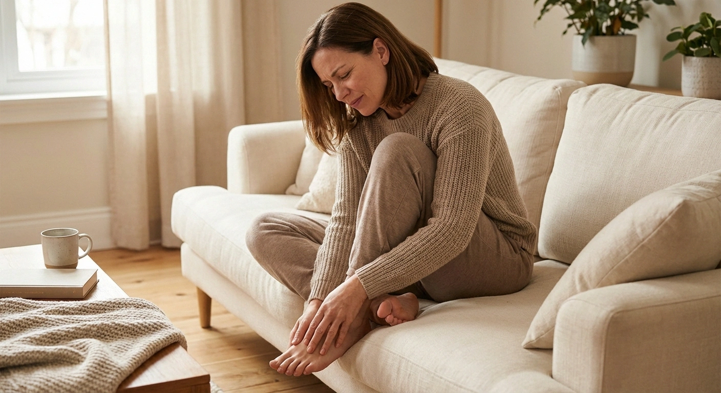 Woman massaging her feet at home experiencing lupus neuropathy symptoms of numbness and burning pain