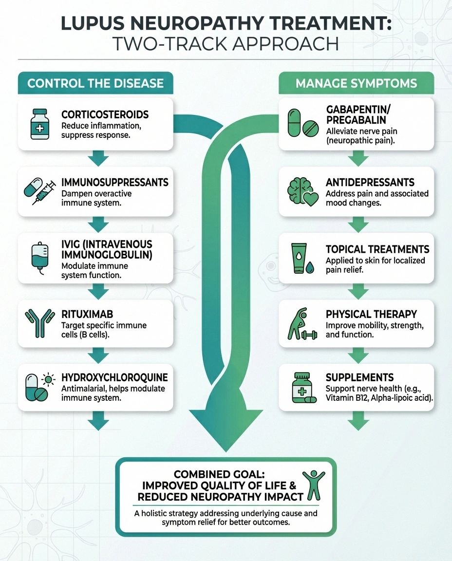 Infographic showing two track treatment approach for lupus neuropathy controlling disease activity and managing symptoms