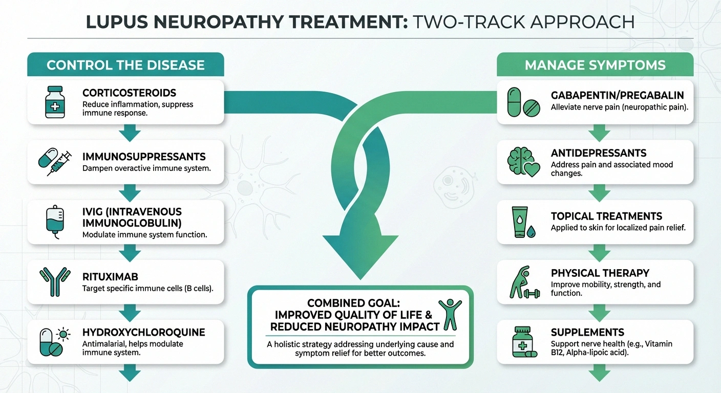 Infographic showing two track treatment approach for lupus neuropathy controlling disease activity and managing symptoms