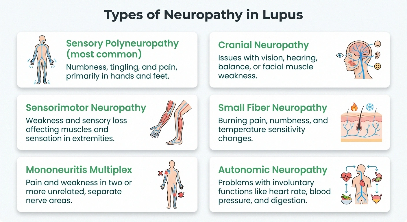 Infographic showing six types of peripheral neuropathy that can occur with lupus including sensory polyneuropathy and mononeuritis multiplex