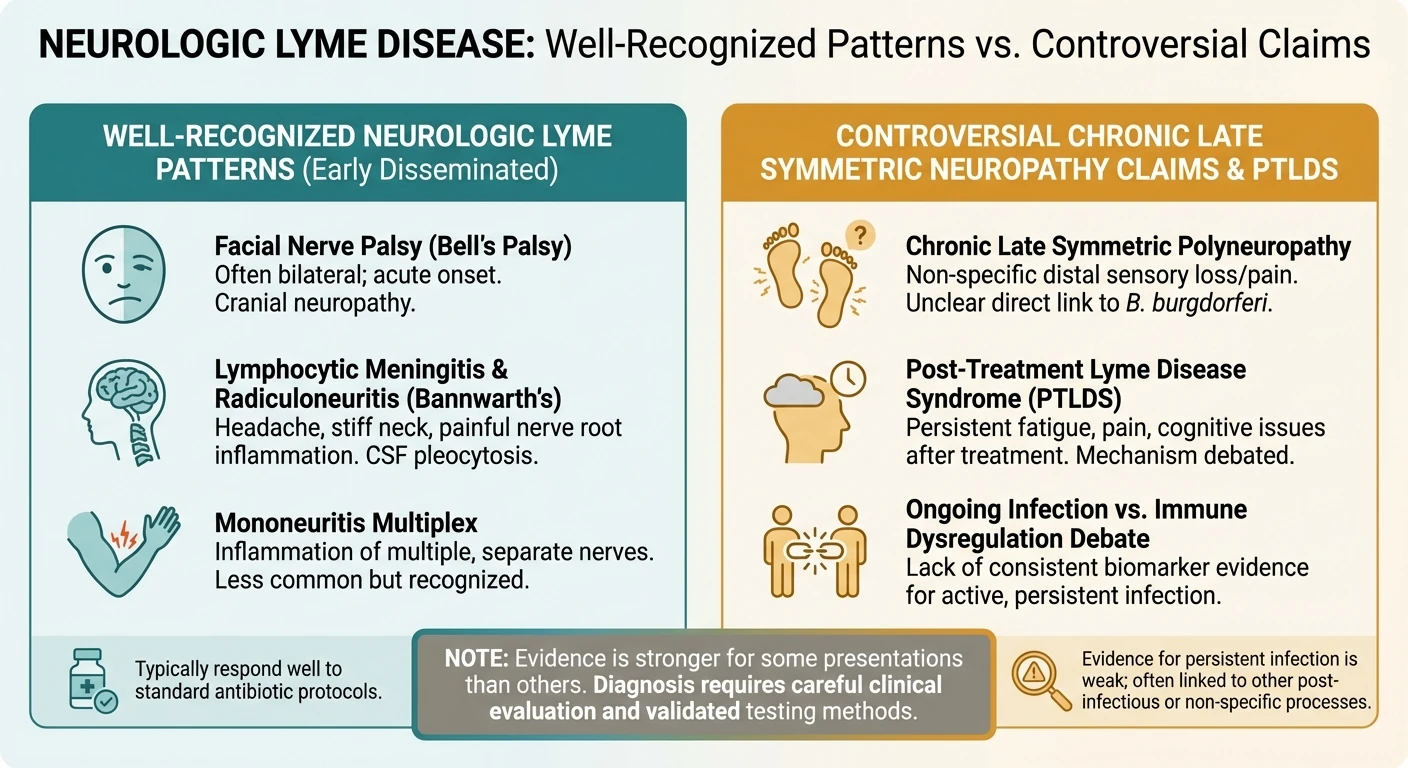 Infographic comparing well-recognized Lyme neurologic patterns with more controversial chronic neuropathy claims