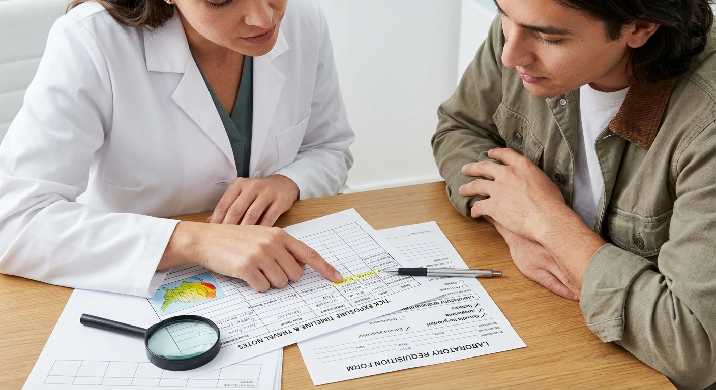 Clinician reviewing Lyme exposure history and testing paperwork with a patient