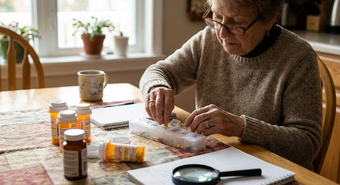 Person organizing metformin and other daily medications in a pill organizer