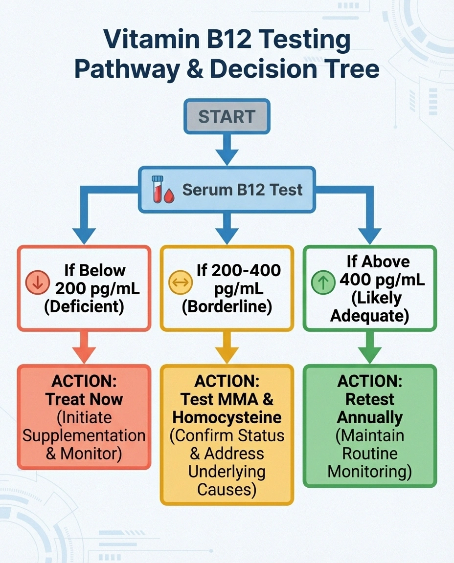 Decision tree showing B12 testing pathway for metformin users with neuropathy symptoms