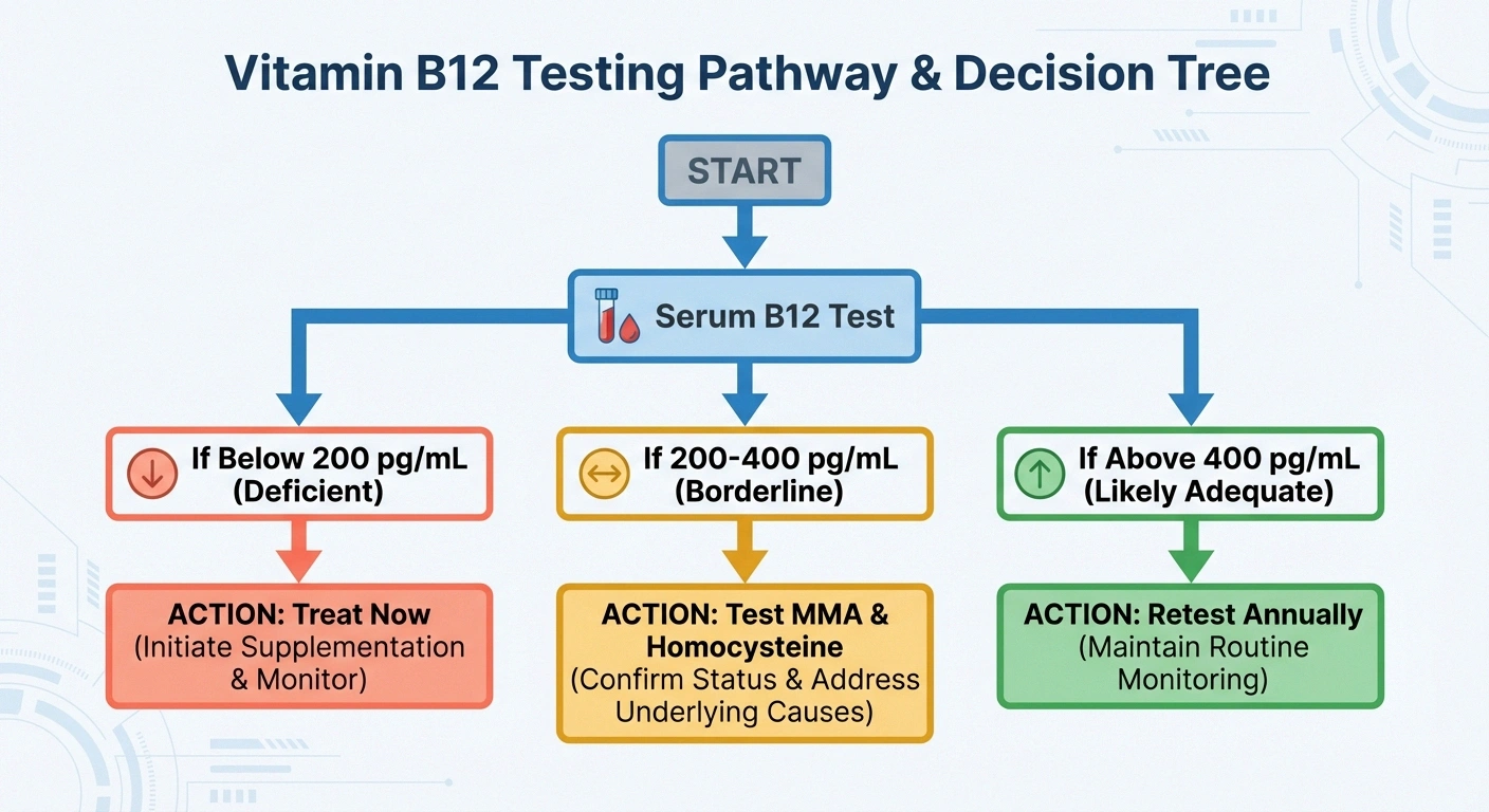 Decision tree showing B12 testing pathway for metformin users with neuropathy symptoms
