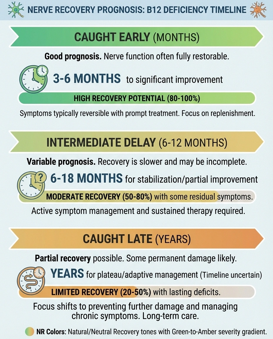 Timeline showing nerve damage recovery prognosis based on early versus late detection of B12 deficiency
