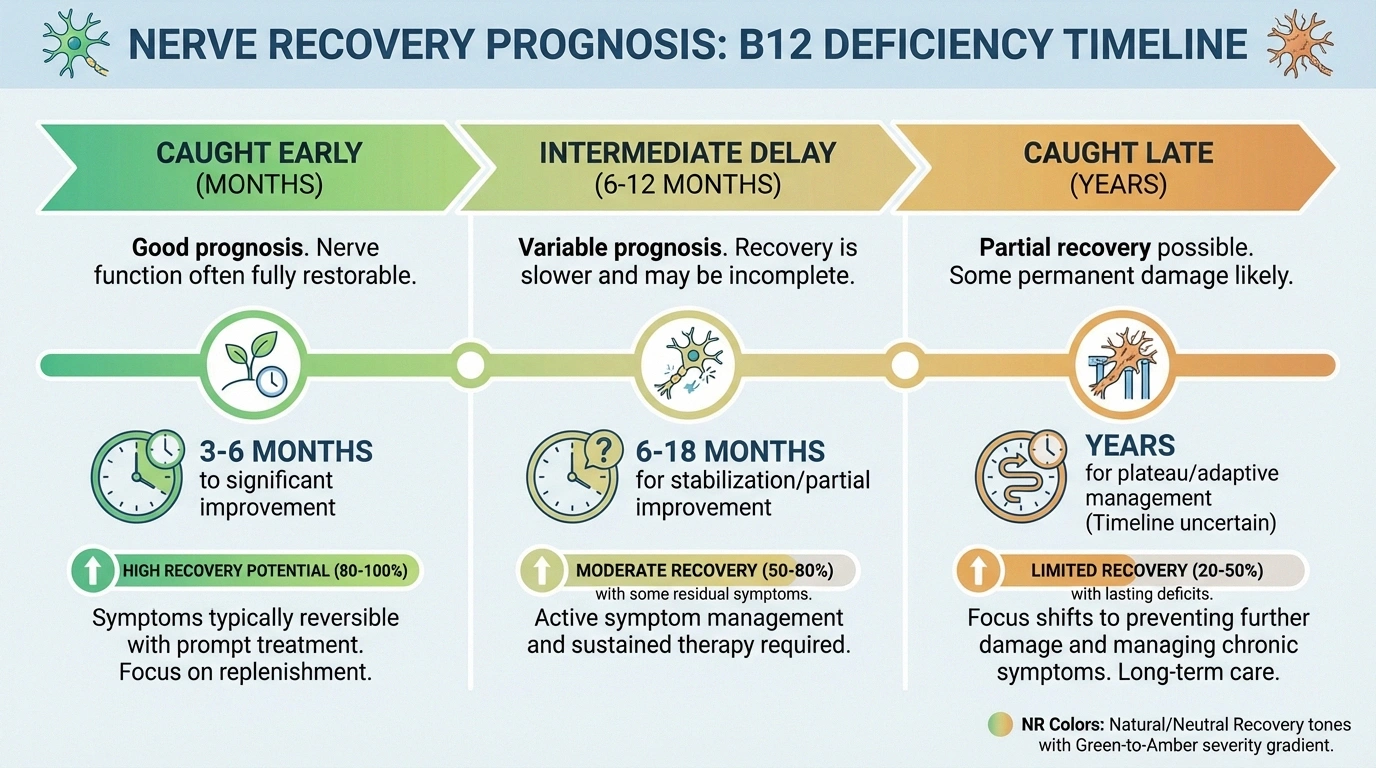 Timeline showing nerve damage recovery prognosis based on early versus late detection of B12 deficiency
