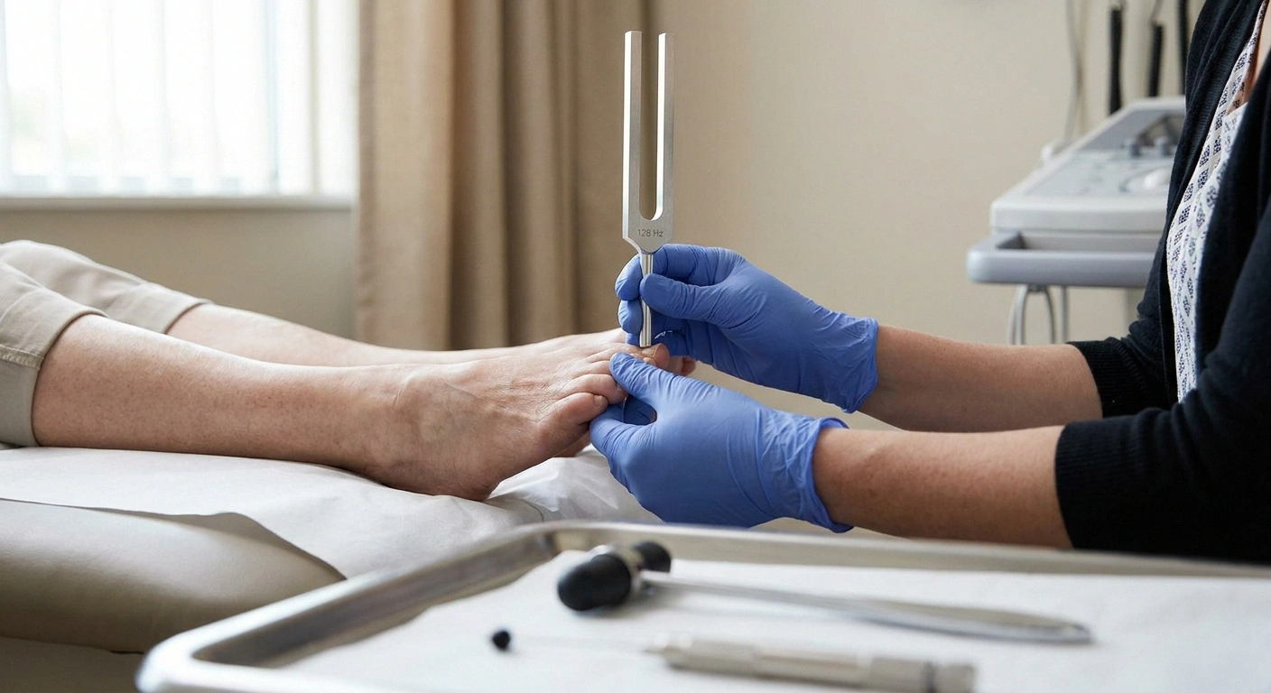 A clinician holding a 128 Hz tuning fork against a patient's big toe — the standard bedside vibration sensation test for sensory neuropathy.