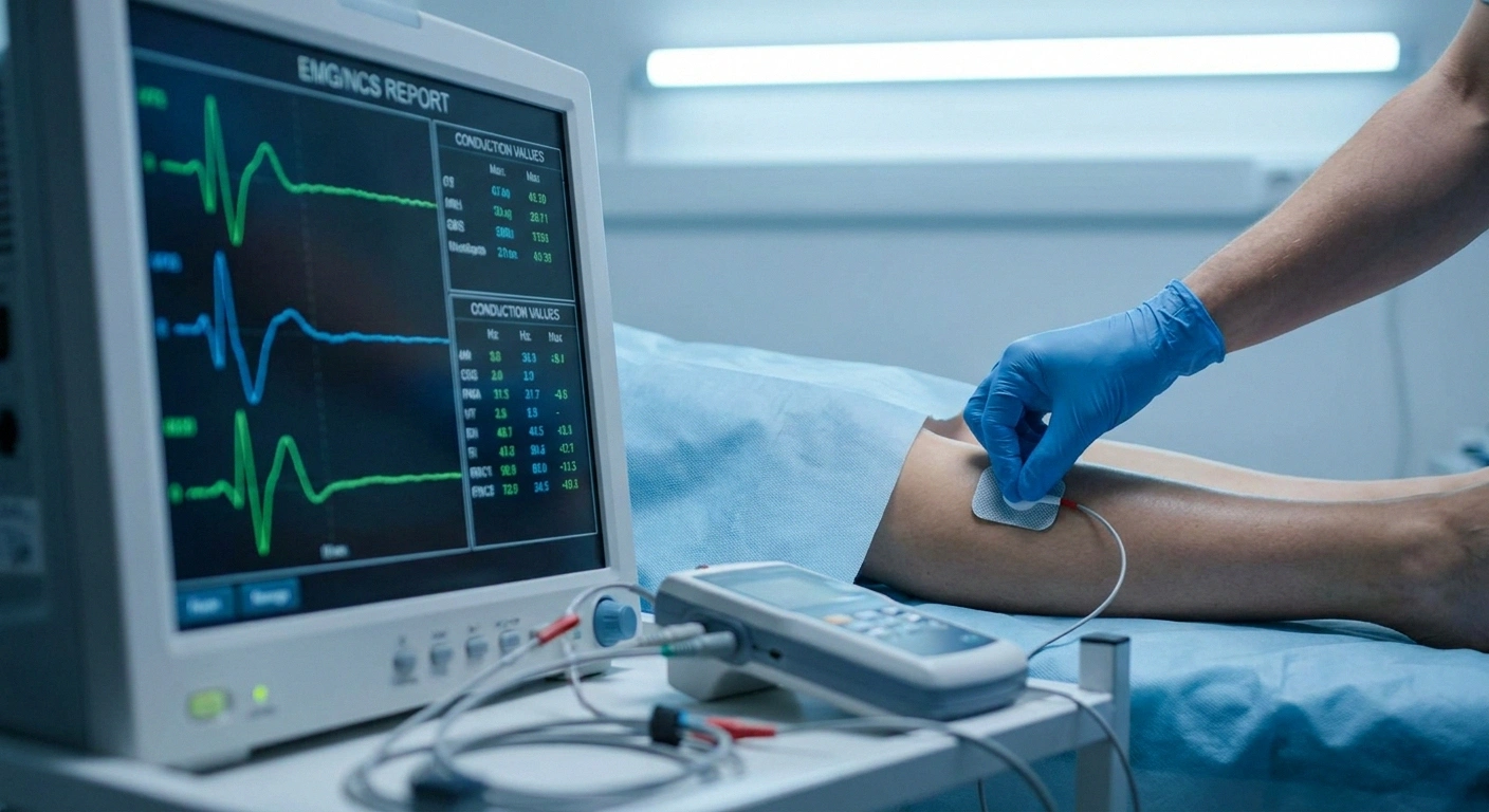 A technician applying an EMG recording electrode to a patient's calf with the conduction study display visible in the background.