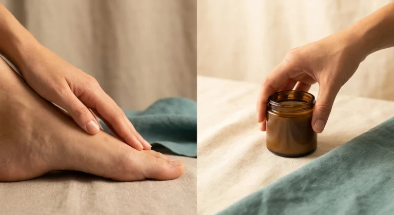 A side-by-side image of sensory testing on a foot and a hand grip strength test — illustrating the two types of peripheral neuropathy.