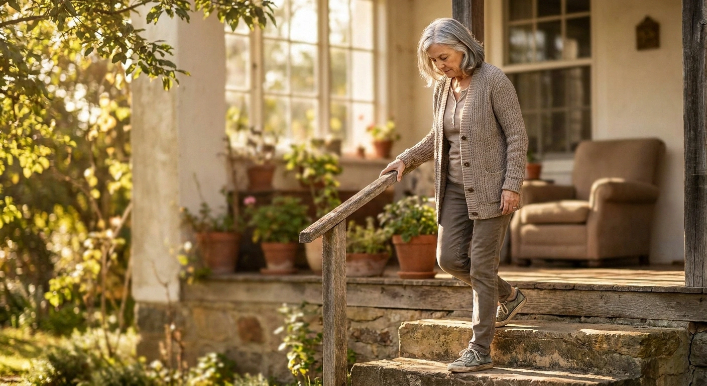 A woman descending steps carefully with one hand on the railing, looking at her feet — the mixed-pattern caution that sensorimotor polyneuropathy requires.