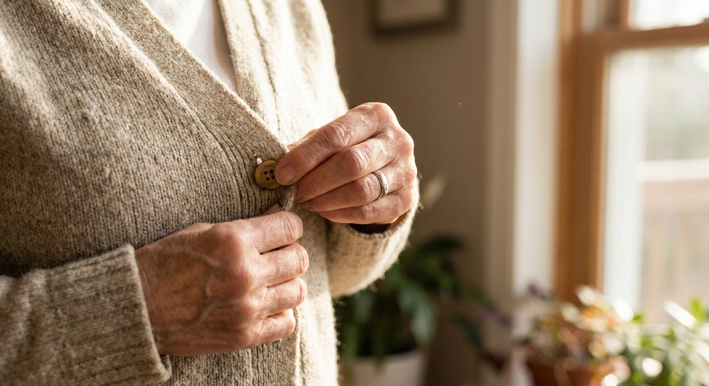 A close-up of a woman struggling to fasten a small button on a cardigan — the loss of fine motor control characteristic of motor neuropathy.