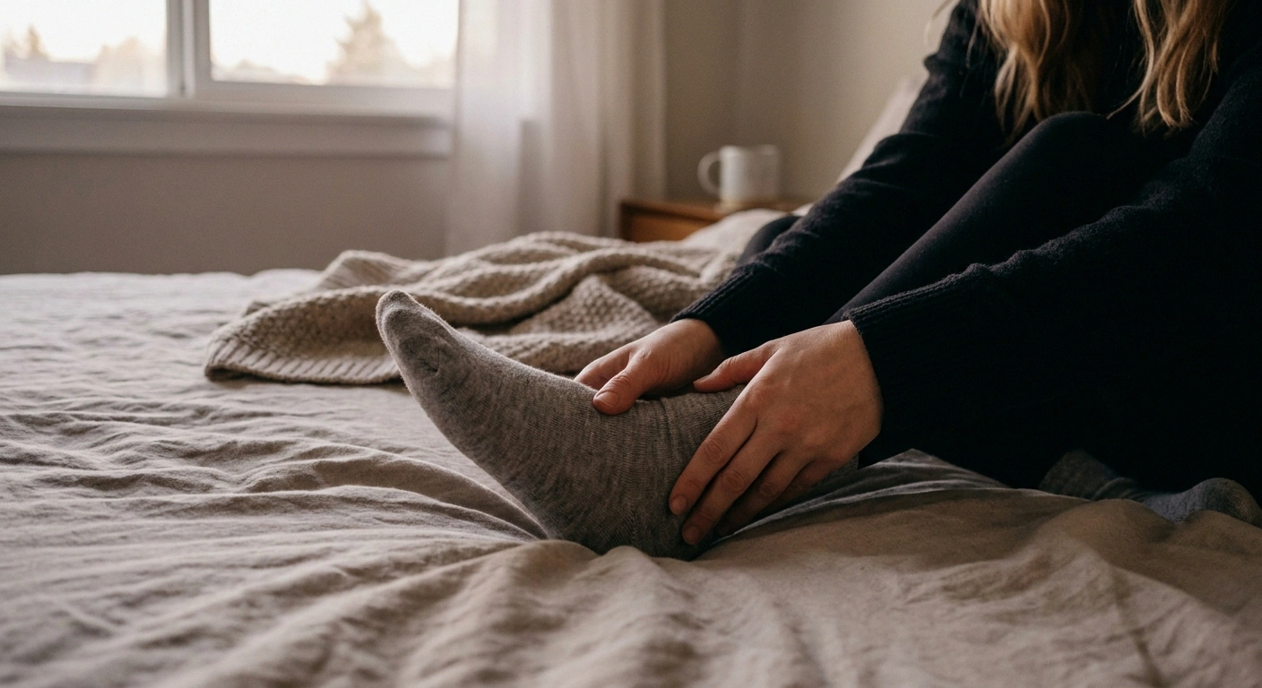 A woman gently rubbing her foot through a thin sock in soft evening light — the burning sensory neuropathy symptom that worsens at night.