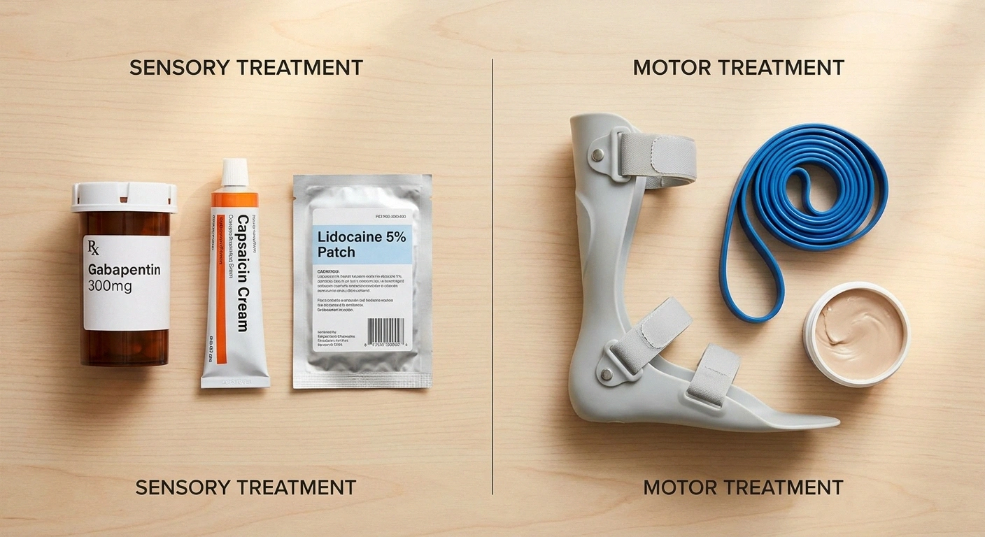 A flat-lay comparing sensory neuropathy tools (gabapentin, capsaicin, lidocaine patch) and motor neuropathy tools (AFO brace, resistance band, PT putty) — divergent treatment directions.