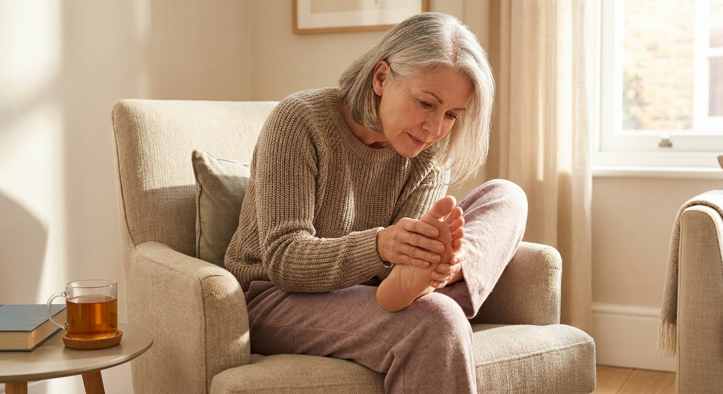Person carefully inspecting their foot for neuropathy-related cuts or pressure marks — daily foot care is essential for myeloma patients with reduced sensation