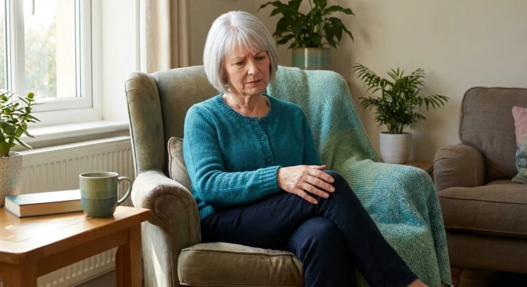 Person with multiple myeloma sitting at home managing neuropathy — cancer-related nerve damage affects many myeloma patients during and after treatment