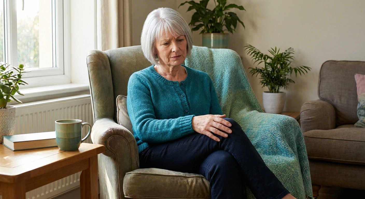 Person with multiple myeloma sitting at home managing neuropathy — cancer-related nerve damage affects many myeloma patients during and after treatment