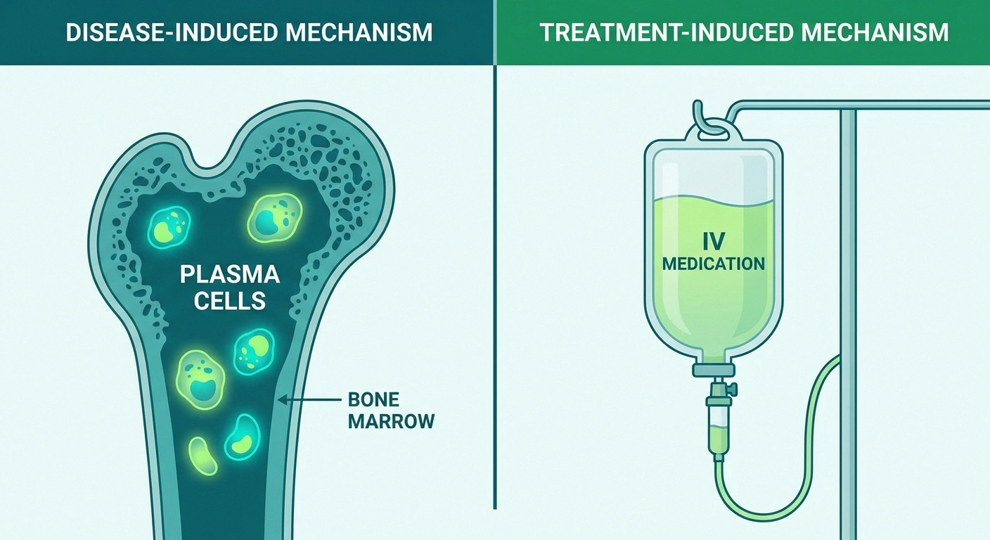 Split illustration showing two causes of multiple myeloma neuropathy — the disease itself and neurotoxic treatments like bortezomib and thalidomide