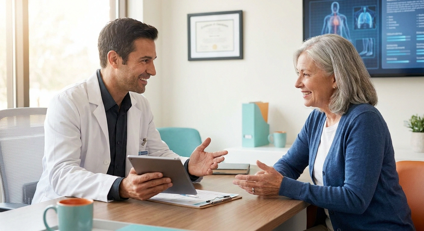Patient discussing neuropathy symptoms with oncologist during multiple myeloma treatment — early reporting allows dose modifications that can prevent permanent nerve damage