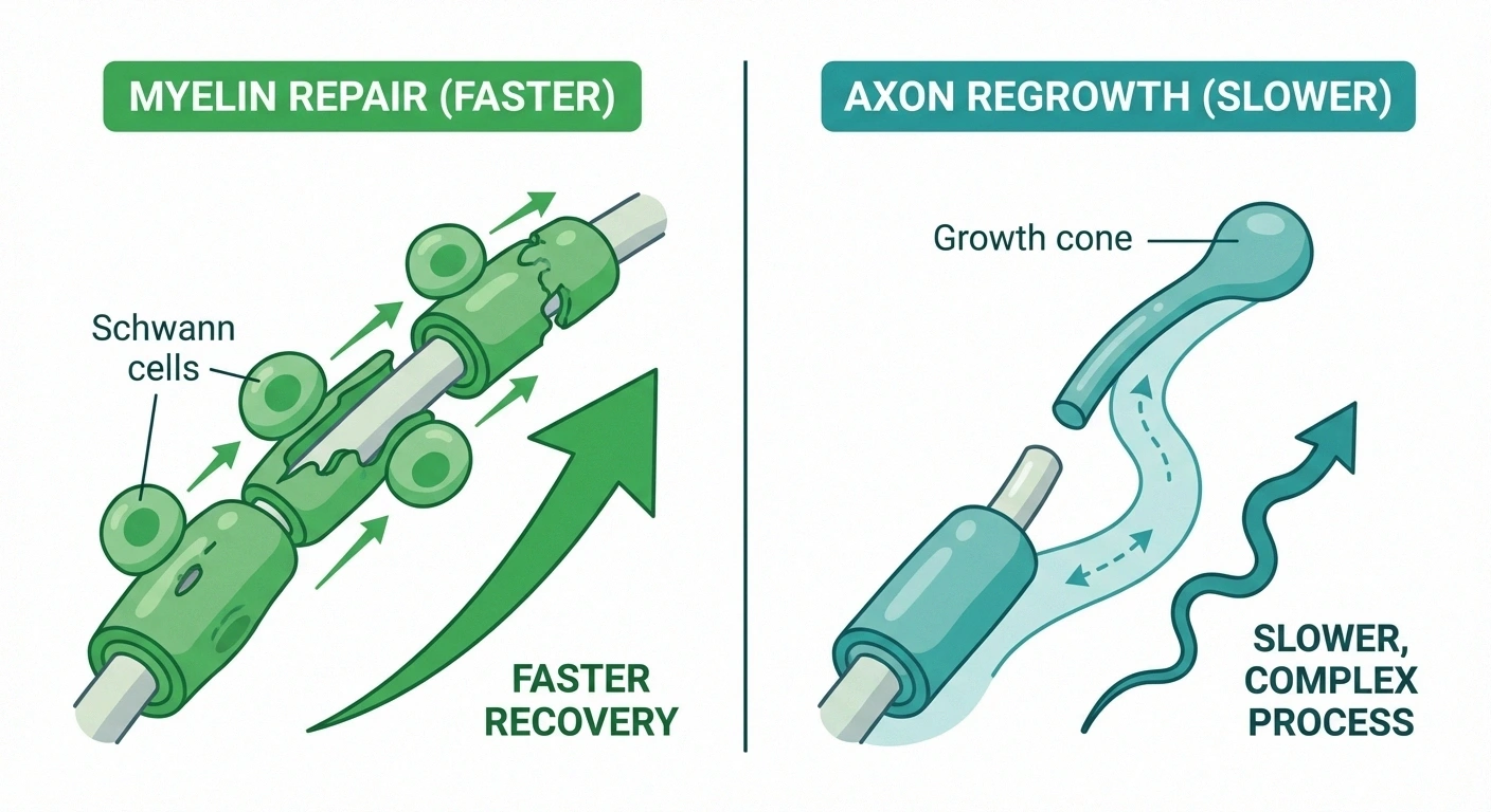 Side-by-side comparison illustrating the difference between myelin repair and axon regrowth in peripheral nerve regeneration showing why demyelination has better recovery outlook