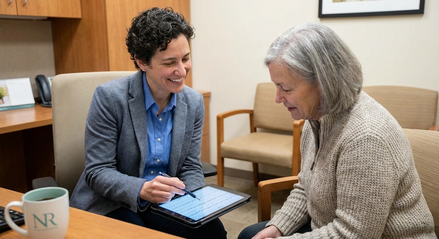 Neurologist discussing nerve conduction study results for demyelinating neuropathy diagnosis with patient