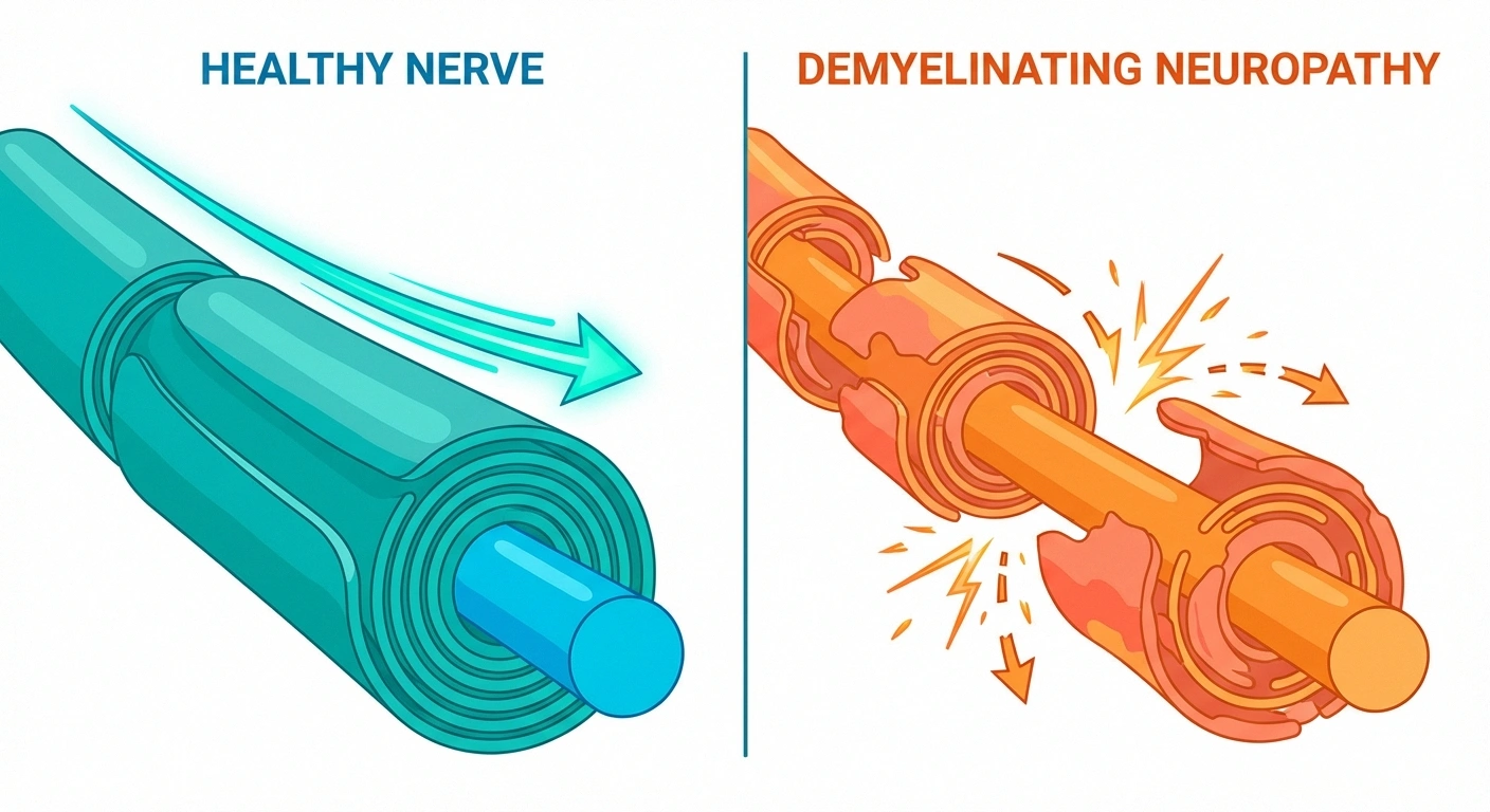 Medical illustration comparing healthy myelinated nerve fiber to demyelinating neuropathy with patchy sheath damage